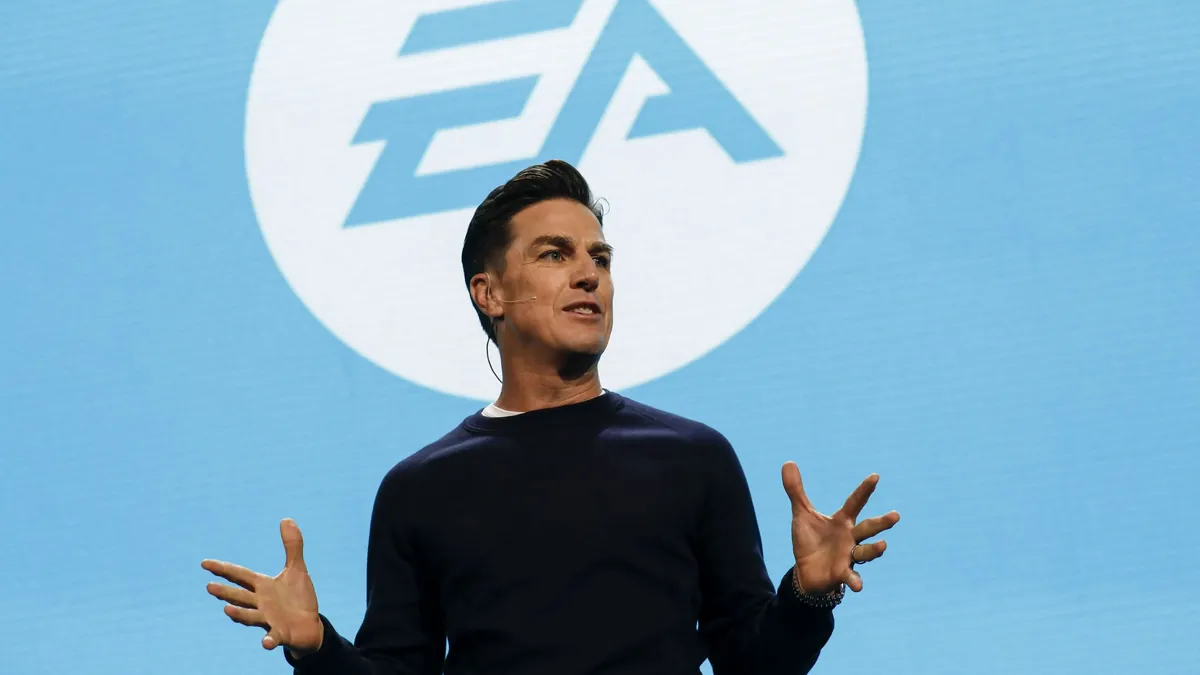 Editorial illustration representing EA's transition to private ownership under Saudi-led consortium