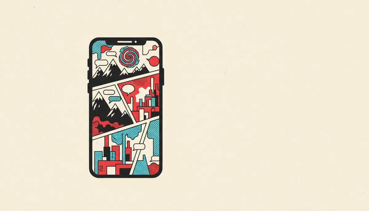 Abstract vertical webcomic panel layout in fantasy isekai style, red and black tones on a phone screen