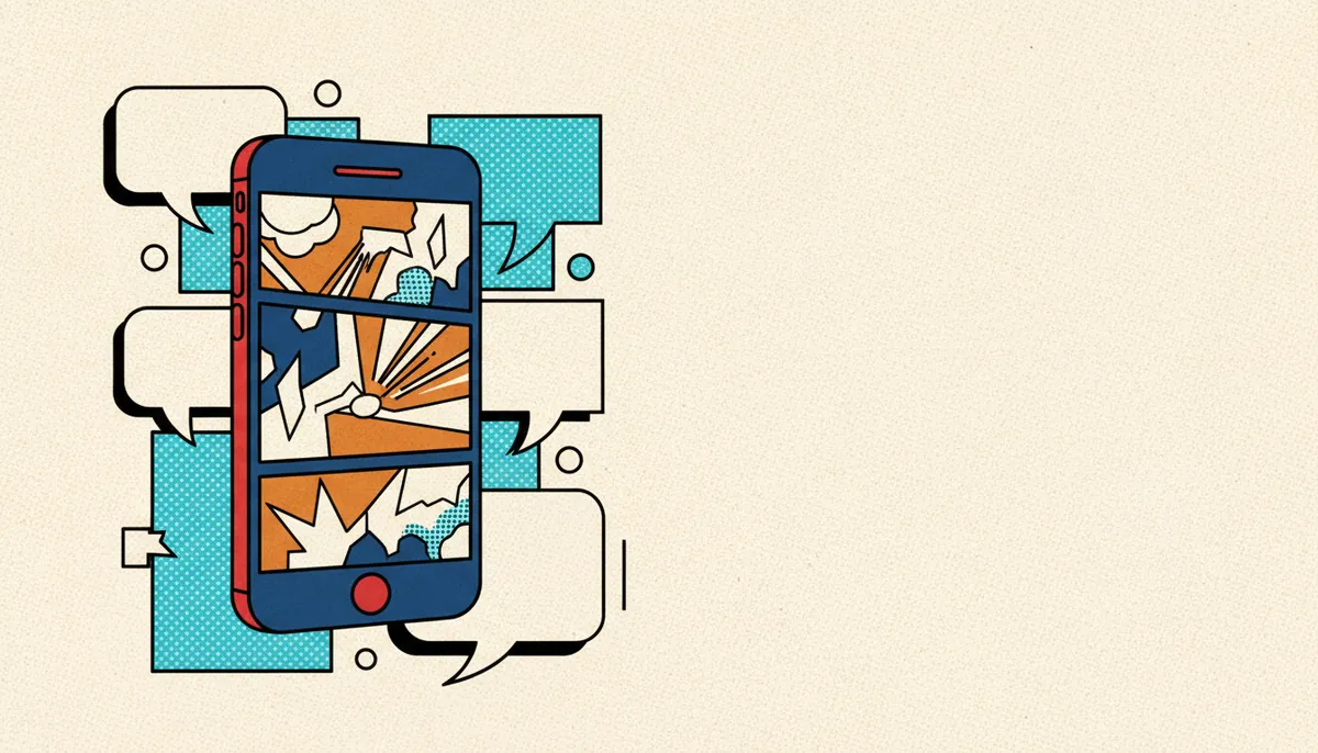 Illustration of a smartphone screen showing vertical-scroll comics panels in flat-vector style