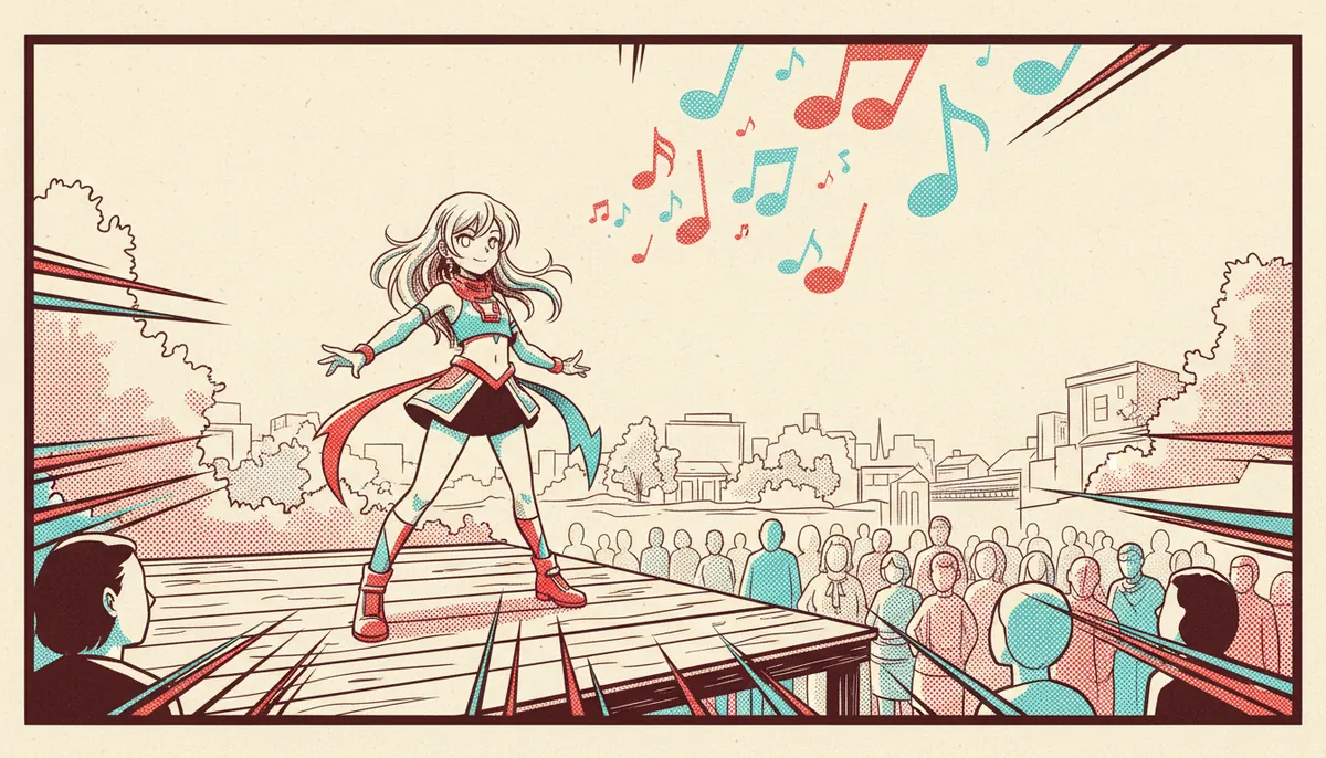 Illustrated anime character performing music outdoors on a small street stage in warm afternoon light