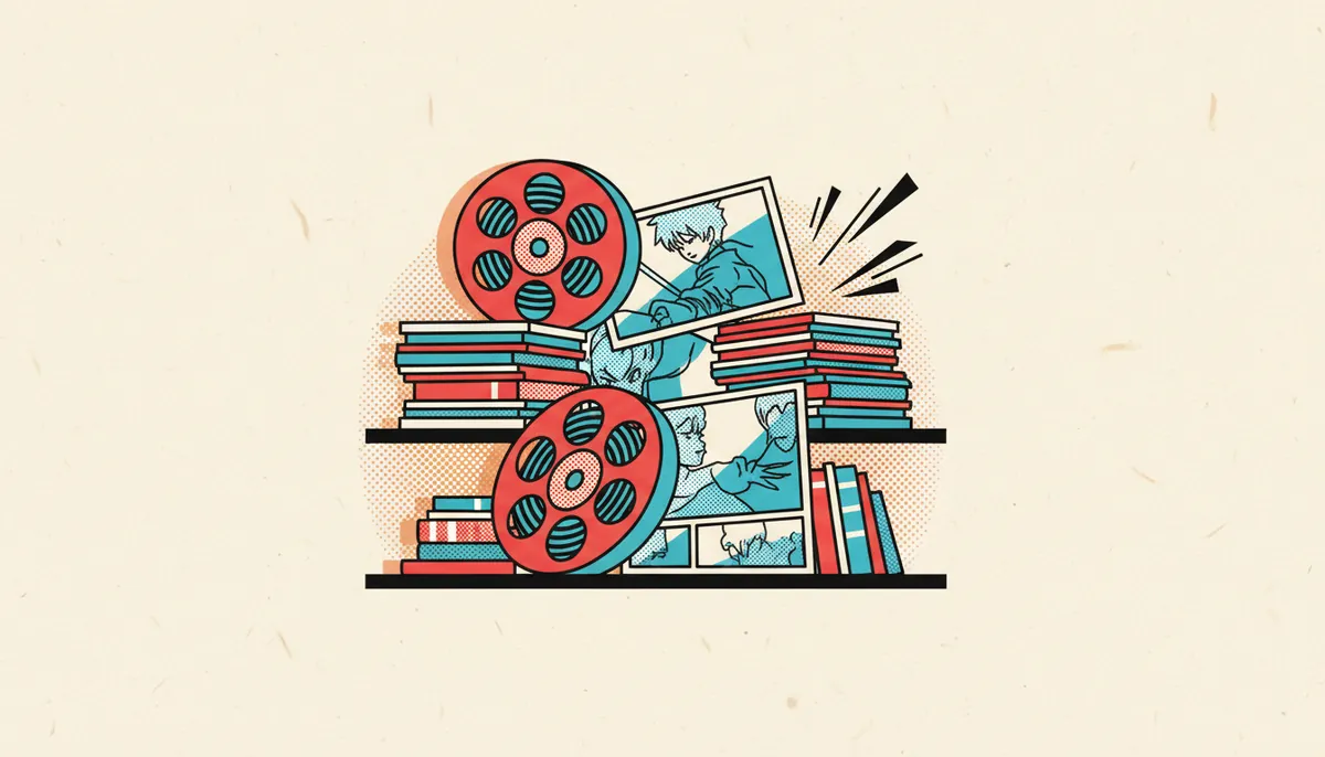 Flat-vector illustration of film reels and animation cels stacked on an archival library shelf