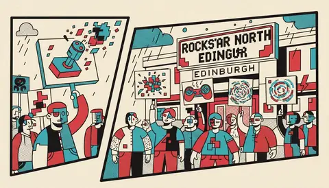 Protesters holding signs outside Rockstar North Edinburgh office following staff dismissals in late 2025