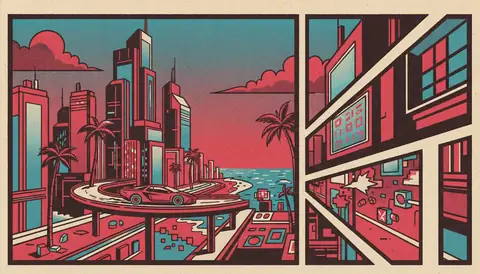 Neon-lit coastal city street scene evoking a Vice City-style urban environment at dusk