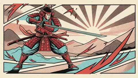 Official teaser key visual for the Tenkaichi TV anime showing a Sengoku-era warrior in combat stance against a dawn backdrop